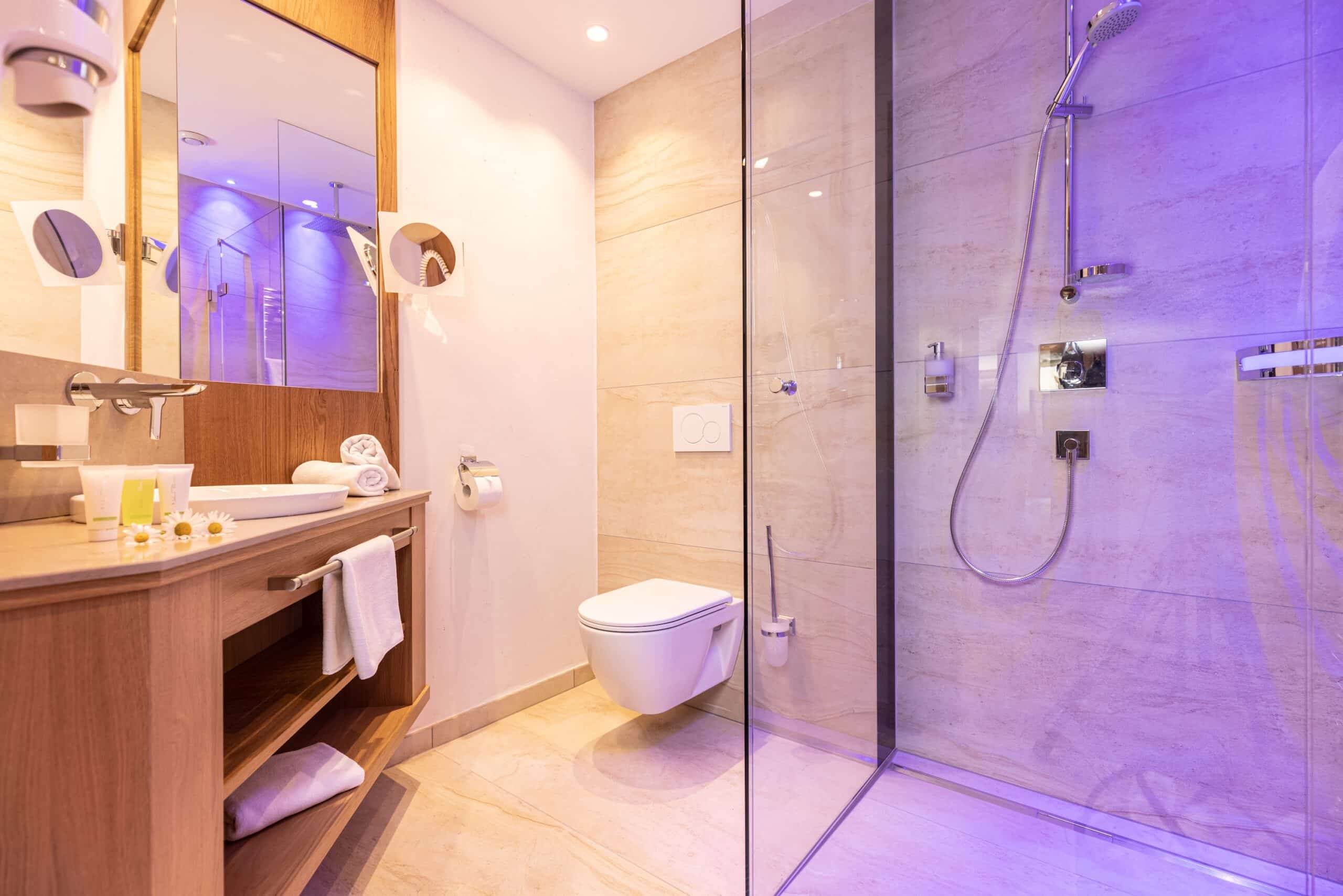 Badezimmer mit Waschtisch Spiegel Toilette und ebenerdige Dusche mit Glaswand