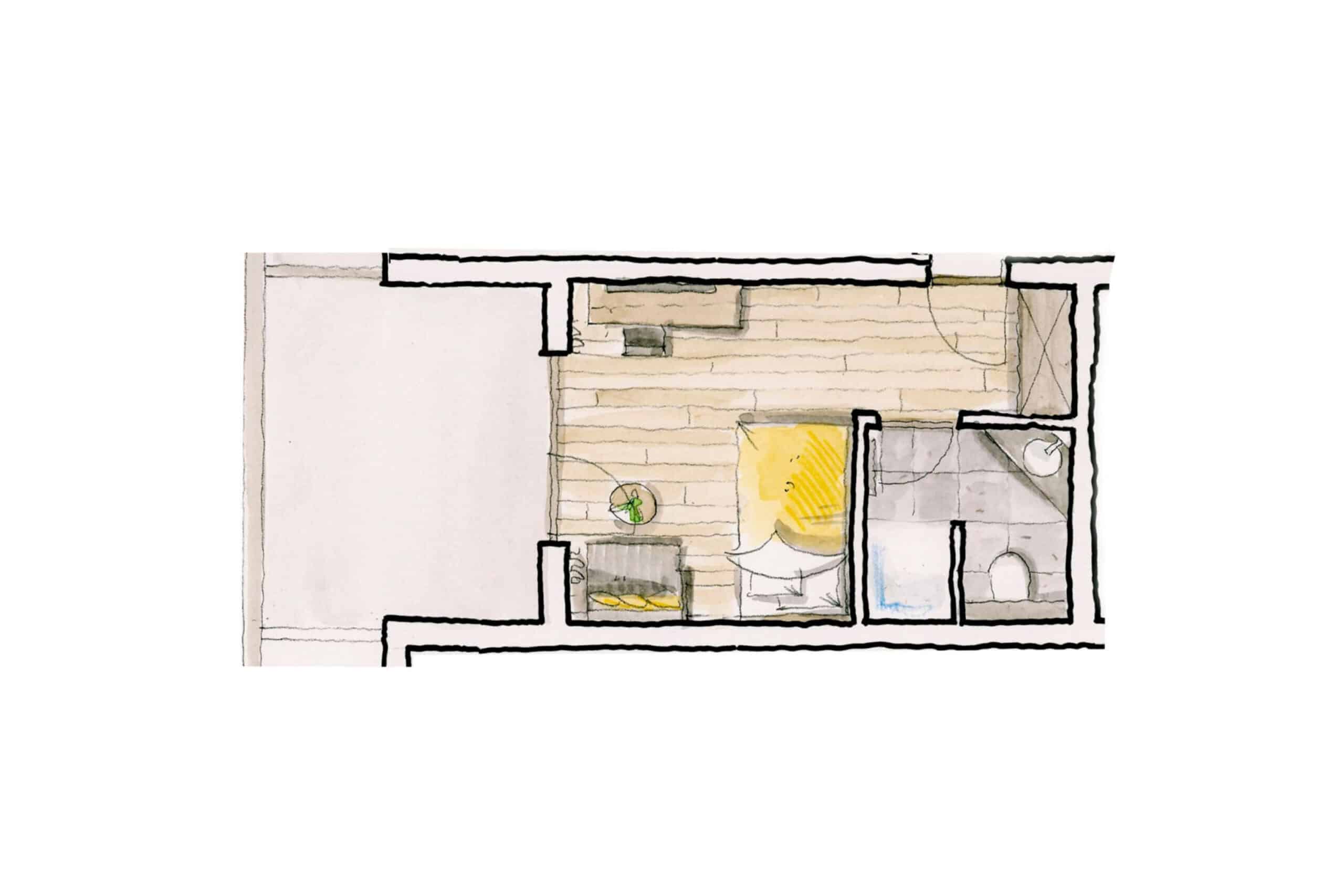Grundrisszeichnung eines kleinen Apartments mit markierten Bereichen für Küche, Bad und Wohnbereich.