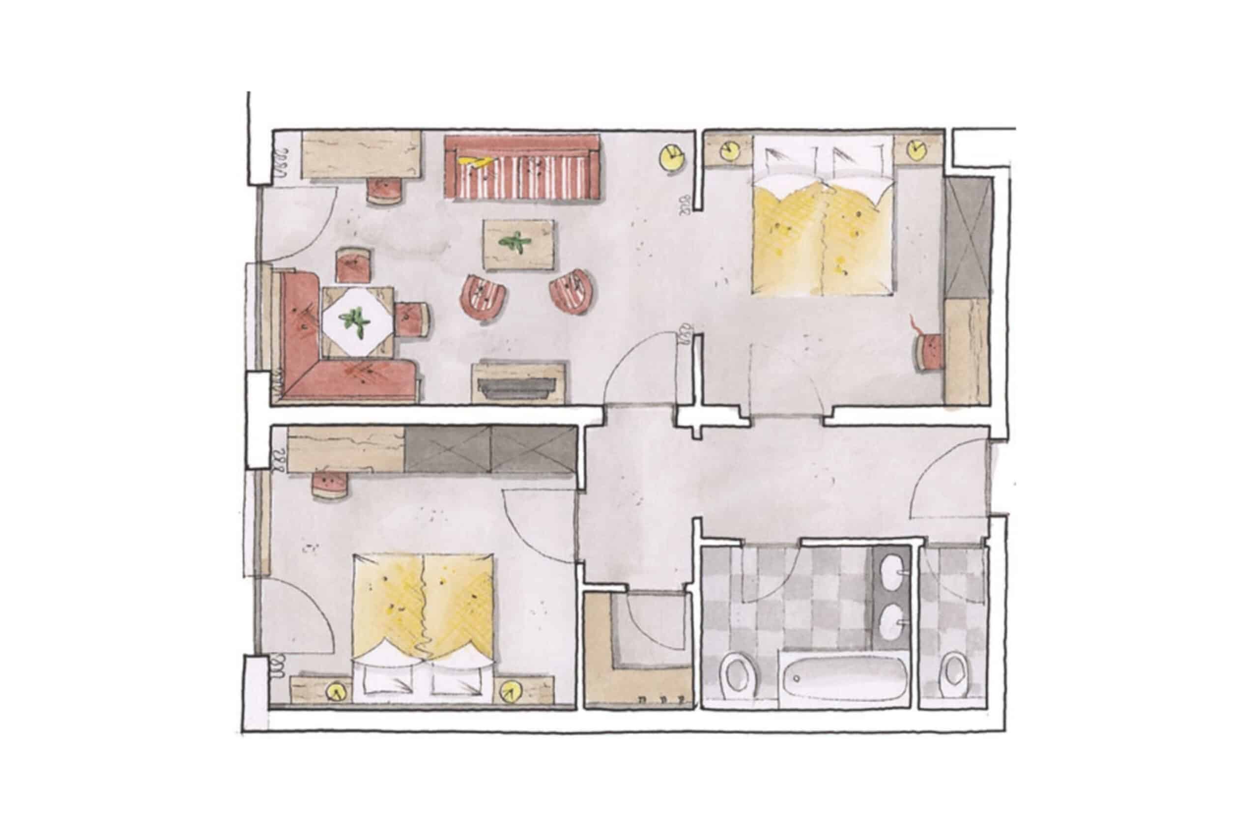 Grundrisszeichnung eines Apartments mit zwei Schlafzimmern, Wohnzimmer, Küche und Bad, farbig illustriert.