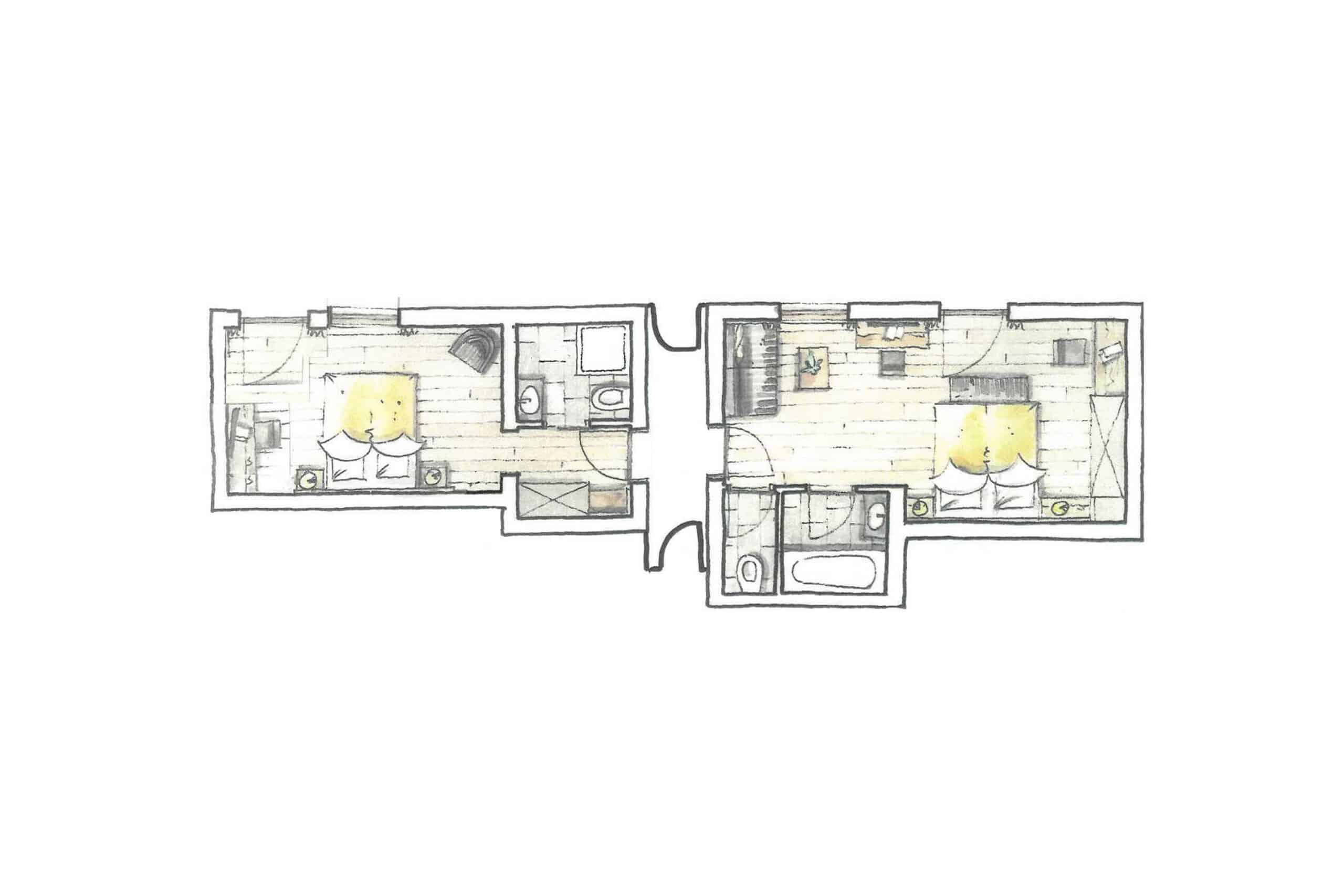 Grundriss einer Wohnung mit zwei Schlafzimmern, zwei Bädern, einer Küche und einem Wohnbereich.