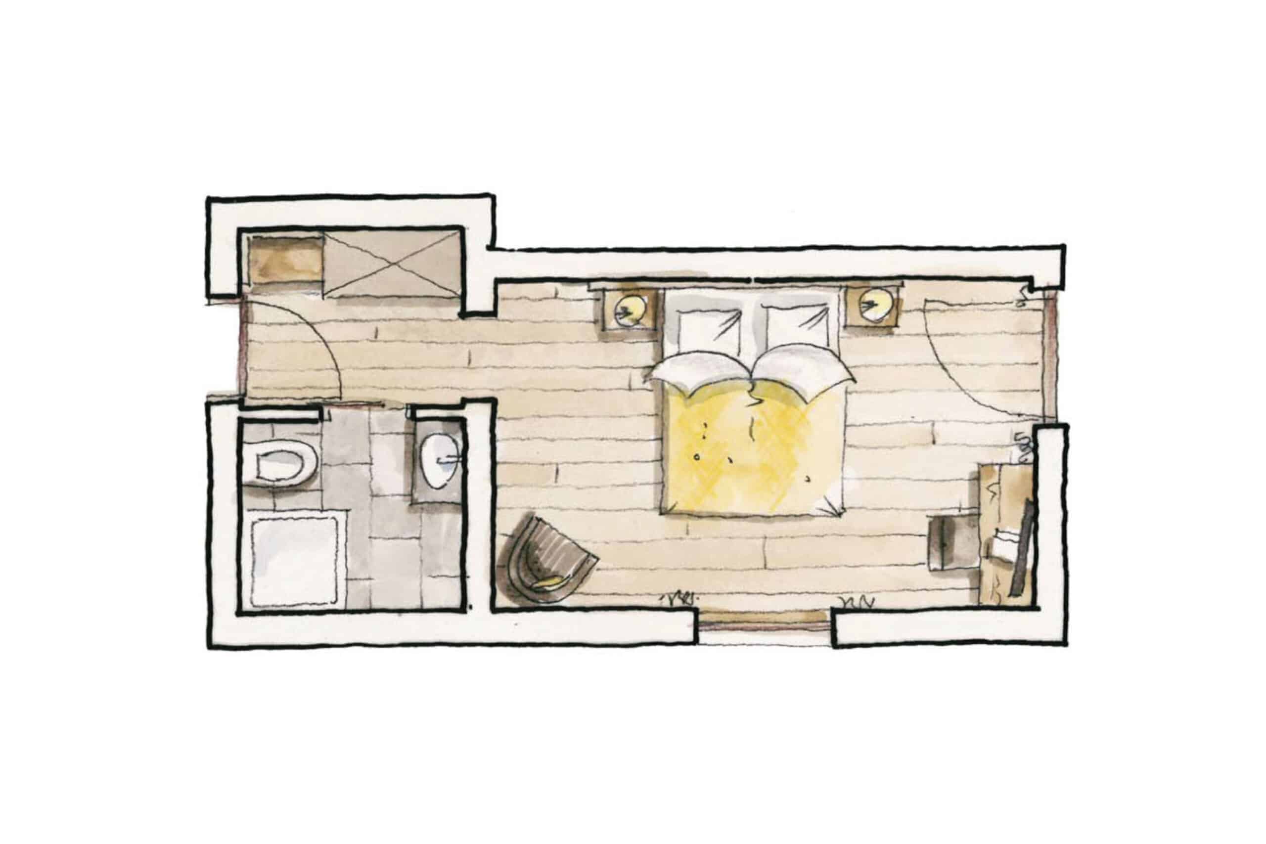 Handgezeichnete Skizze eines Grundrisses für eine Wohnung, die ein Schlafzimmer, ein Wohnzimmer, eine Küche und ein Badezimmer zeigt.
