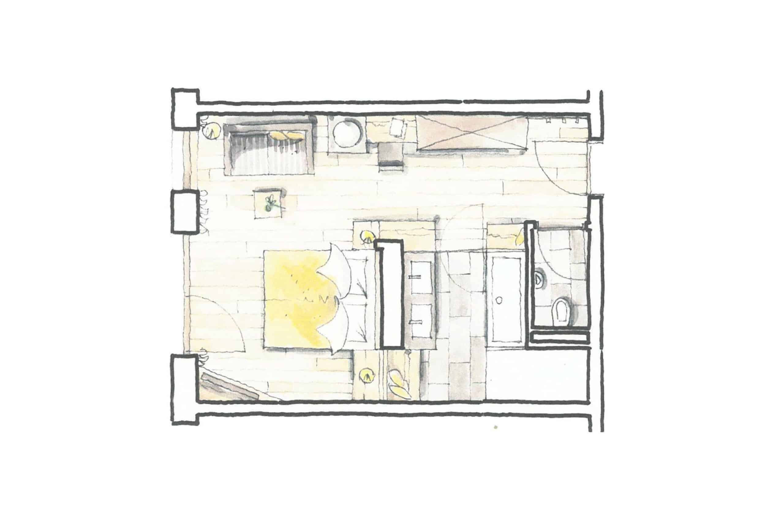 Handgezeichneter Grundriss einer Wohnung mit farblichen Akzenten, darstellend zwei Schlafzimmer, ein Badezimmer, eine Küche und ein Wohnzimmer.