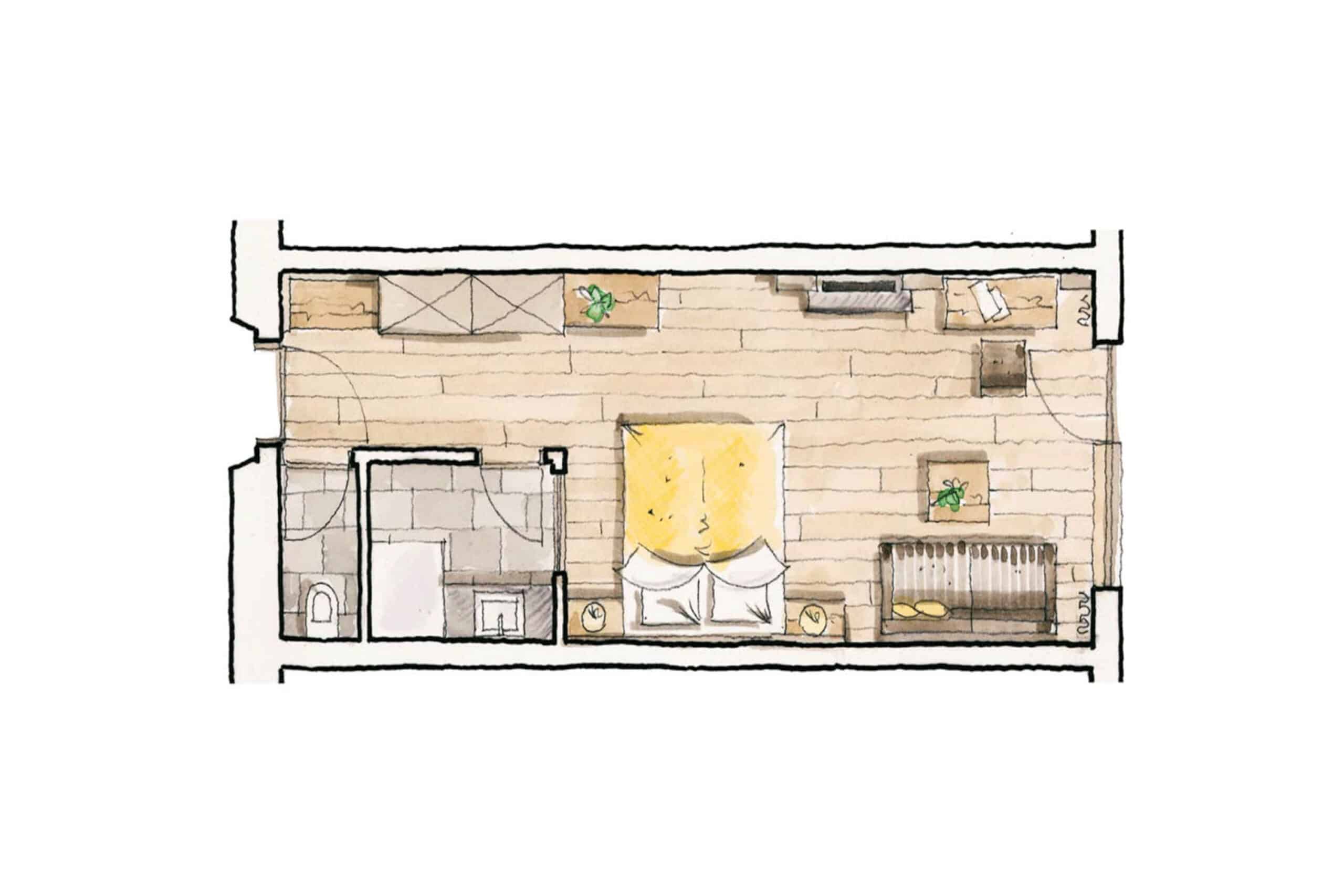 Grundriss einer Wohnung von oben gesehen, mit markierten Räumen einschließlich Küche, Wohnzimmer und Schlafzimmer.