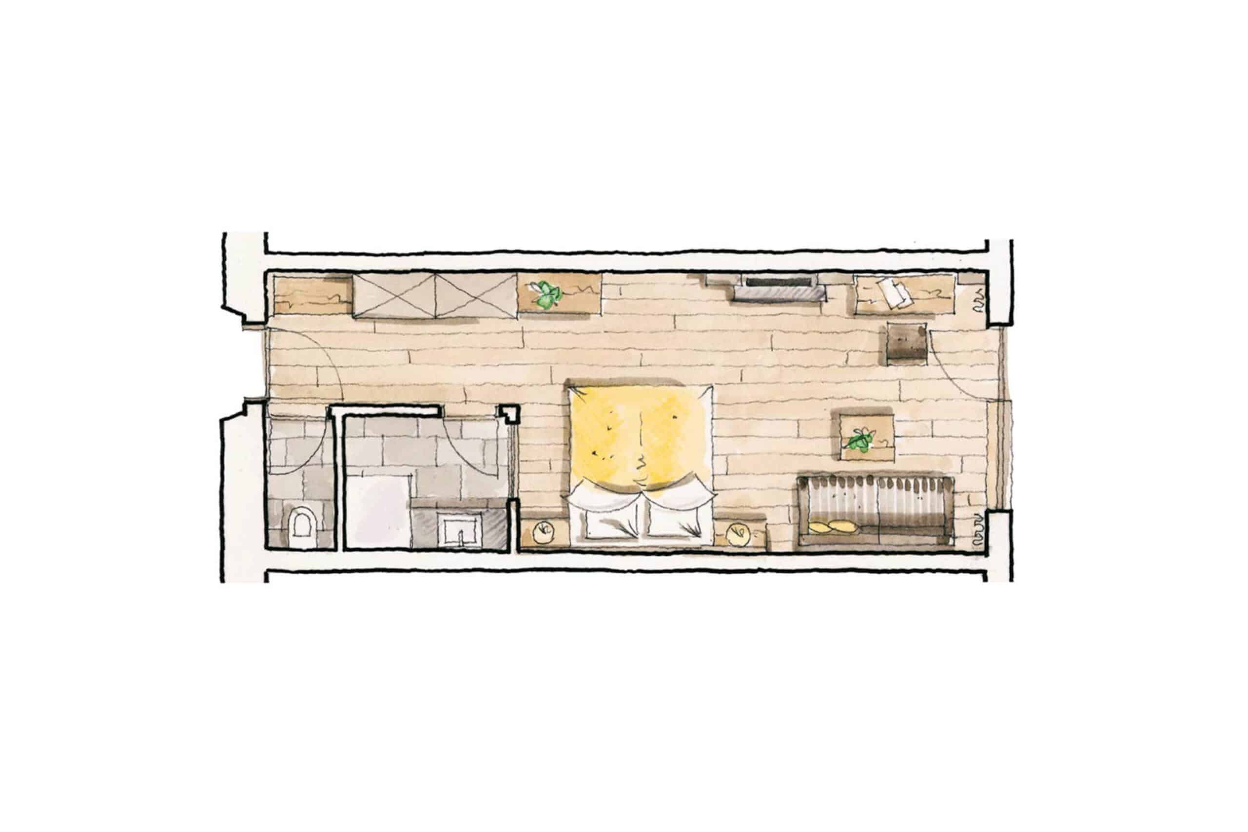 Grundrisszeichnung eines kleinen Apartments mit markierten Möbeln und Einrichtungen.