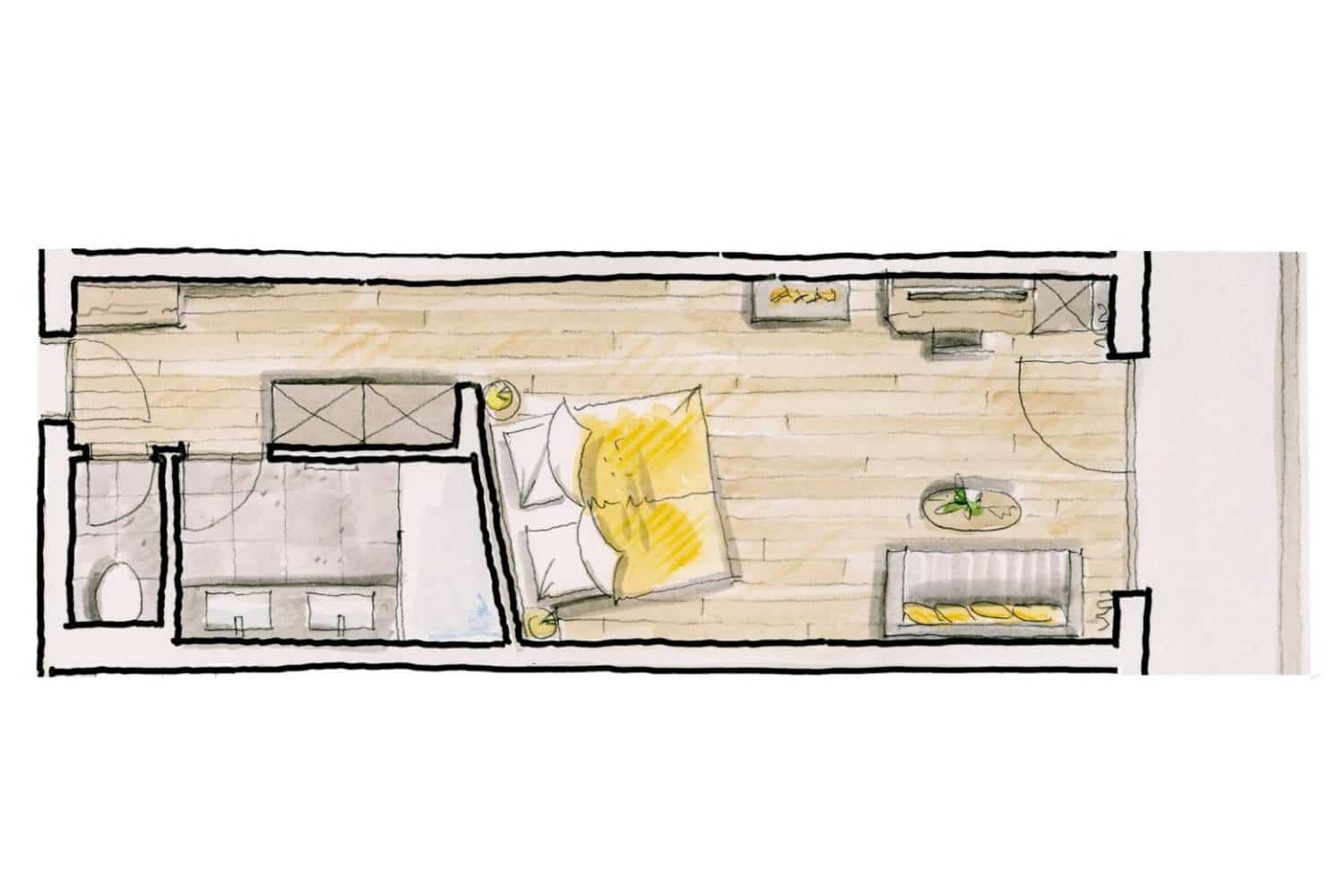 Illustration eines Grundrisses mit Möbeln, darunter ein Sofa, ein Bett und ein Esstisch.