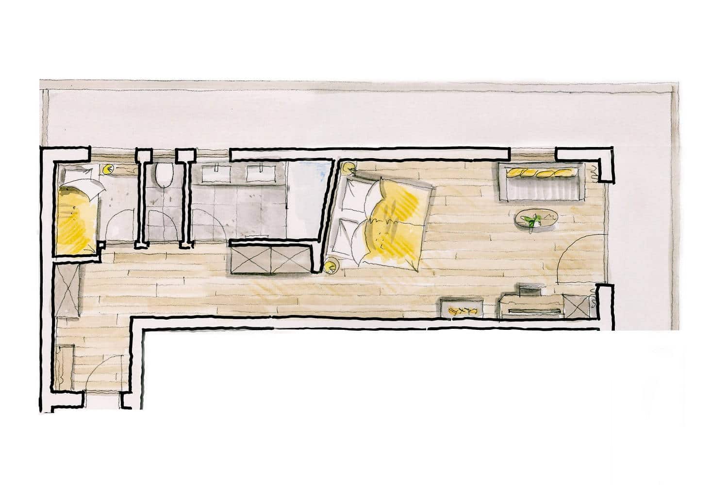 Grundrisszeichnung einer Wohnung mit einem Schlafzimmer, Bad, Küche und Wohnbereich.