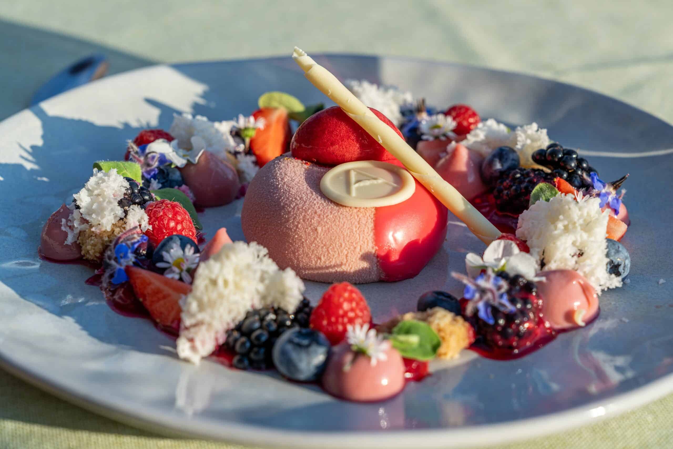 Ein farbenfrohes Dessertteller mit einem rosafarbenen Mousse, umgeben von frischen Beeren, essbaren Blumen und kleinen Dekorelementen auf einem weißen Teller, serviert im Freien.