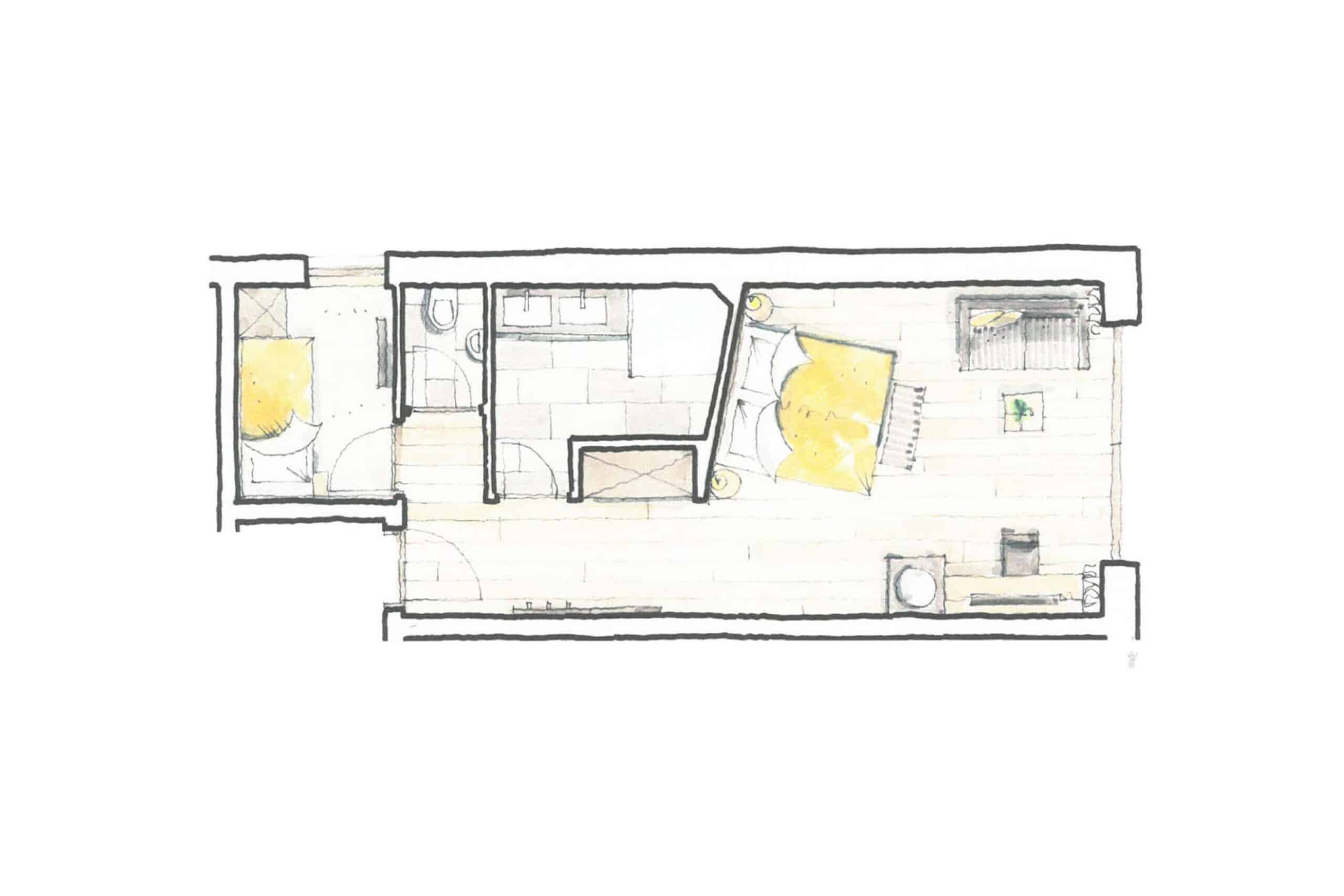Grundrisszeichnung einer Wohnung mit farbig markierten Bereichen, möglicherweise zur Hervorhebung spezieller Zimmer oder Funktionen.