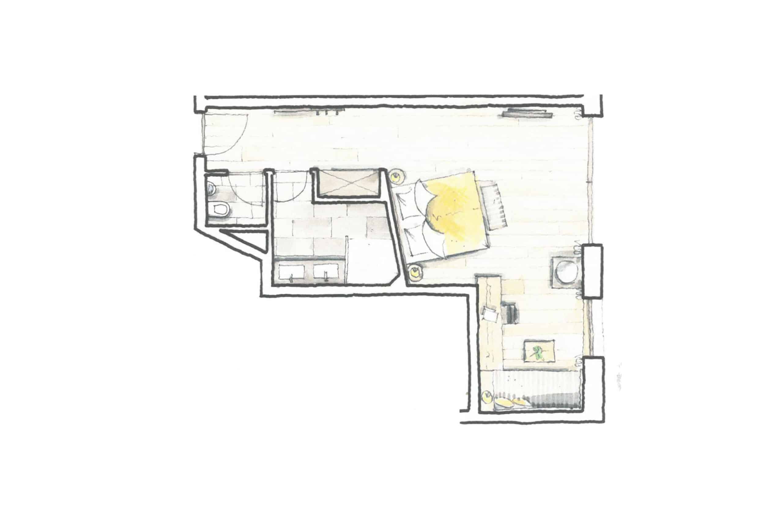 Grundrisszeichnung einer Wohnung mit markierten Bereichen wie Wohnzimmer, Küche und Bad.