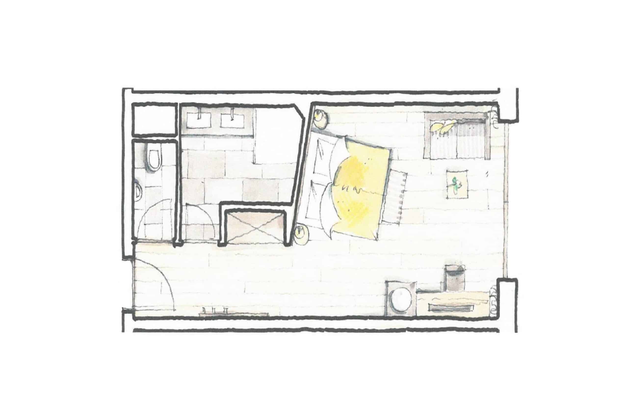 Grundrisszeichnung eines kleinen Apartments mit deutlich gekennzeichneten Bereichen wie Bad, Schlafzimmer und Wohnküche.