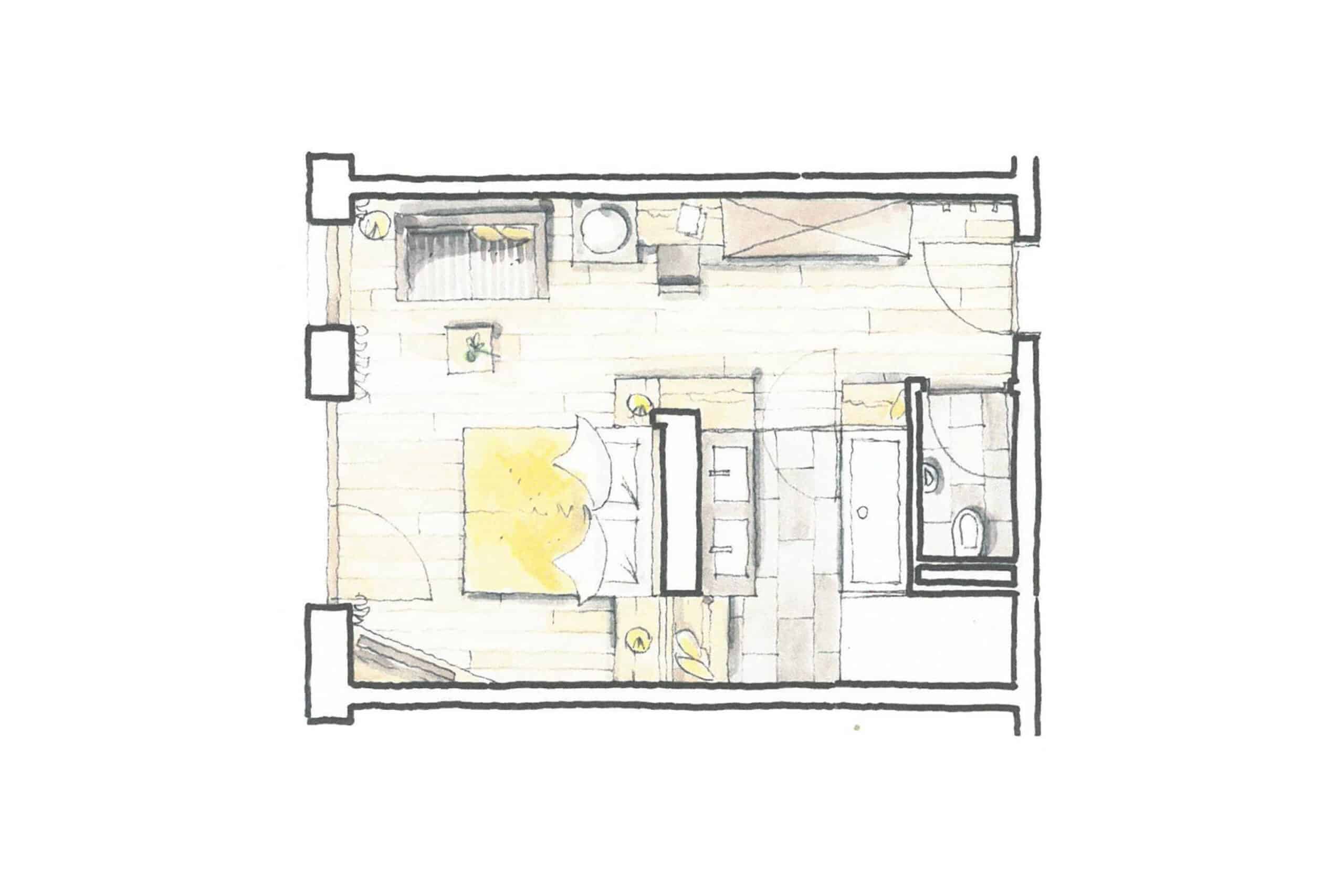 Handgezeichnete Skizze eines Grundrisses für eine kleine Wohnung, die Küche, Bad und Wohnbereich zeigt.