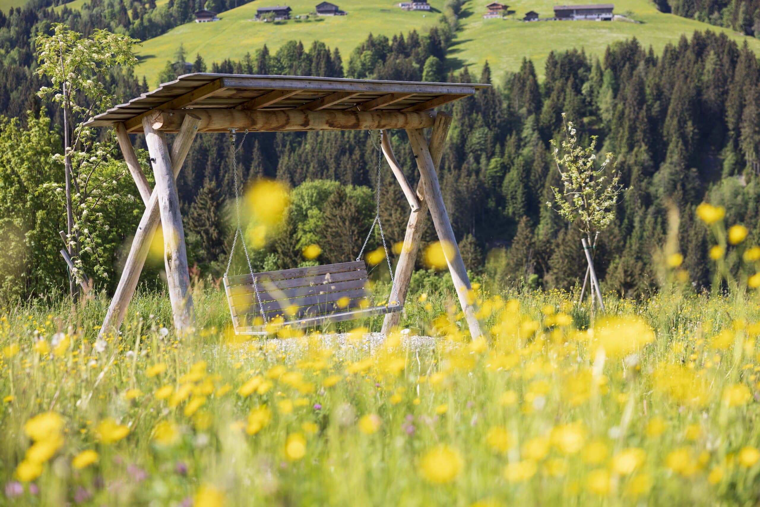 Schaukelbank auf der Panoramawiese im Wellnesshotel Alpbacherhof im Alpbachtal