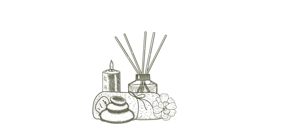 Schwarz-weiße Illustration von Wellness-Artikeln, darunter eine Kerze, Aromatherapie-Stäbchen in einem Flakon und verschiedene Steine und Blumen.